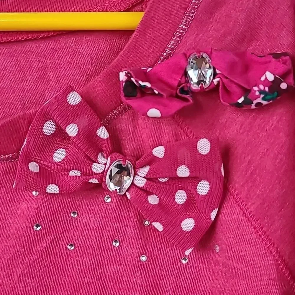 Justice Girls 10 Hot Pink Rhinestone Sequin Polka Dot Bow Short Sleeve Knit Top